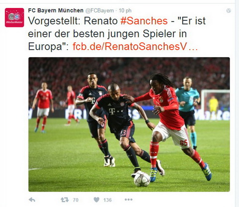 Trang Twitter cua Bayern Munich thong bao viec chieu mo thanh cong Renato Sanches.